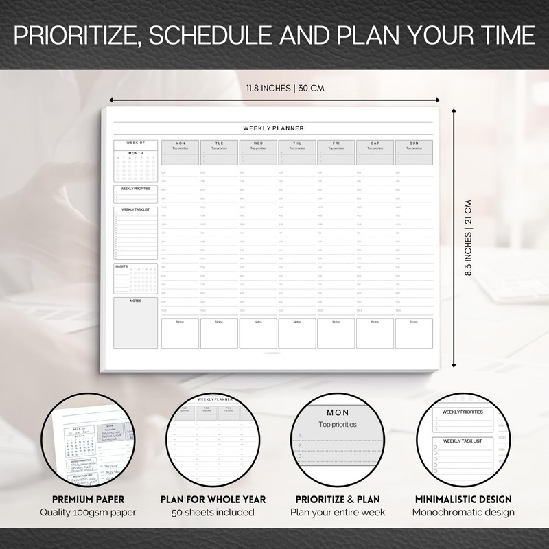 Weekly Hourly Planner Notepad, Daily Planner Desk Pad, Weekly Schedule,