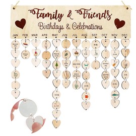 Family and Friends Calendar, DIY Wooden Birthday Calendar Wall Hanging Birthday and Celebrations Reminder Plaque with 50 Round Discs and 50 Heart Tags for Family Friends Birthday Reminder Home Wall Decor