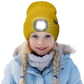 ATNKE Kids LED Lighted Beanie Hat,USB Rechargeable 4 LED Running Headlamp Bright Cap with Light Gifts for Boys and Girls/#Yellow