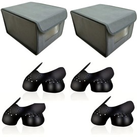 SHOE STORAGE BOXES Grey with Clear Viewing Window - Twin Pack + 4 Pairs of Black Shoe Crease Protectors - Durable, Stackable, Space-Saving Organizer for Closet & Under Bed