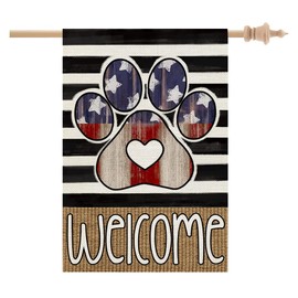 CROWNED BEAUTY 4th of July Patriotic Paw Print House Flag 28x40 Inch Double Sided Large Burlap for Outside Independence Day Welcome Yard Flag (Stripes) CF1538-40