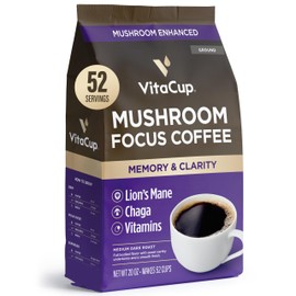 VitaCup Focus Mushroom Coffee Grounds, with Lions Mane, Chaga, B Vitamins, D3, Boost Focus, Immunity, Memory & Clarity, Medium Dark Roast, 100% Arabica Specialty, 20oz, 52 Servings