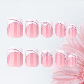 White French Tips Press on Nails 24Pcs Curve Line Short Square Fake Nails Glossy Pink Stick on Nail Acrylic Full Cover False Nail Simple Gel Glue on Fingernails for Holiday Manicure Art