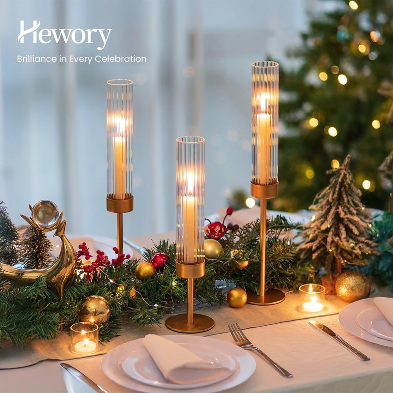 Hewory Gold Hurricane Candle Holders: Brass Candlestick Holders Set of