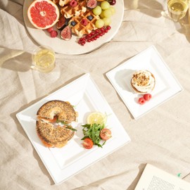 MATANA 80 Premium White Square Plastic Plates with Silver Rim - 40 25cm Dinner Plates, 40 16.5cm Dessert Plates - Elegant & Reusable Party Plates for Weddings, Birthdays, BBQ, Parties