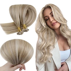 RUNATURE Brown Bondins Extensions Real Hair Highlight Blonde 40 cm Keratin Bonding Real Hair Extensions Brown Pre-Bonded U-Tips Keratin Real Hair Extensions #8P24 Ash Brown with Blonde 50 g 50 Strands