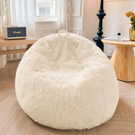 XeGe Fluffy Stuffed Animal Storage Bean Bag Chair Cover(No Filler), Faux Fur Washable Ultra Soft Bean Bag Cover for Plush Toys or Textile, Plush Shaggy Large Bean Bag for Adults Kids Teens, Beige