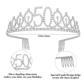 KIUEZIR Silver Birthday Tiara & Sash Set for Women - 50th Birthday Decoration - Rhinestone Headband with Comb & '50 & Fabulous' Sash