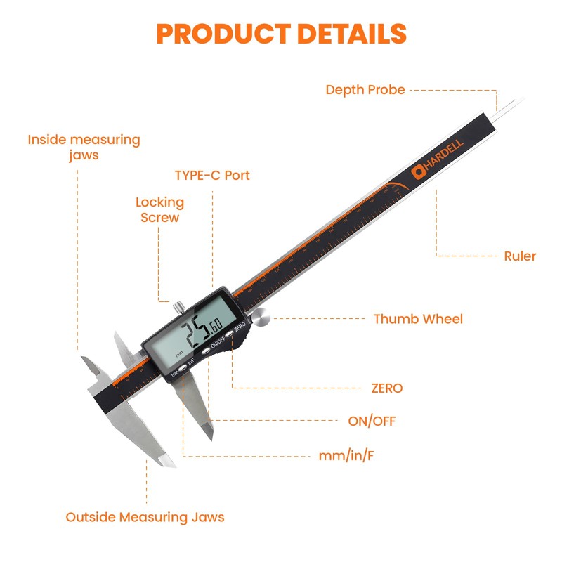 HARDELL Digital Caliper, Rechargeable 0-8 Inch Calipers Measuring Tool with