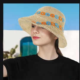 XINCHI Sun Protection Hat Women's Straw Sun Hat Sun Protection Straw Hat Beach Hat Flowers Summer Hat Foldable Breathable Women's Hat for Outdoor Beach Travel Holiday