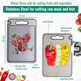 Nouraz large double-sided food grade 304 stainless steel chopping board for kitchen with handle for meat, wheat straw eco cutting board for vegetable, non slip edge, dishwasher safe, non toxic, 1piece