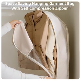 Space Saving Hanging Garment Bag With Self Compression Zipper, Space Saving Garment Bags For Down Coat, Space Saver Closet Organizers For Hanging Clothes (Beige, M)