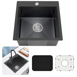 Black Kitchen Sink, Stainless Steel 18 x 18 Inch Bar Sink Top Mount Kitchen Sink Single Bowl Drop In Kitchen Sink Set - Sink Grid, Silicon Mat, Retracable Basket For Modern Stylish Kitchen