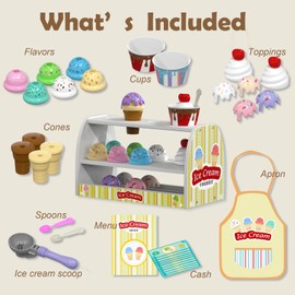 Ice Cream Toy for Kids - Toys for 3 4 Year Old Girls, Wooden Ice Cream Counter Pretend Play Food with Apron, Scoop, Menu, Fake Money, Gifts for Boys Girls Toddlers Ages 3 4 5