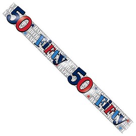 Age 50 Birthday Banner Blue, Red And Silver Holographic Recyclable 50th Birthday Party Banner