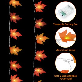 Fall Leaf Garland with Lights Decorations: 2 Pack Thanksgiving Fall String Lights Battery Operated Total 20 FT 40 LED Lamp Bead 40 Leaves Porch Home Indoor Outdoor Harvest Festival Wreath Fall Decor