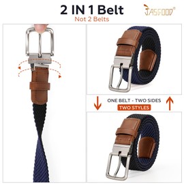 JASGOOD Reversible Elastic Braided Belt for Men, 1.34" Casual Woven Stretch Golf Belt for Jeans Shorts Pants