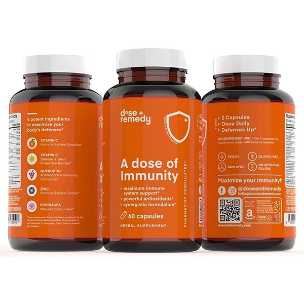 A Dose of Immunity Quercetin with Vitamin C and Zinc, Vitamin D, 500mg Quercetin Bromelain with Echinacea & B Vitamins, Lung Immune Support Supplement 7 in 1 Immune Defense Immunity Booster 180 Count