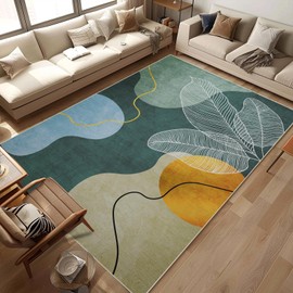 Green Boho Area Rug 4x6 Mid Century Modern Carpet Washable Door Mat Low Pile Indoor Outdoor Floor Rugs Tropical Leaves Non Slip Rug for Living Room Bedroom Beside Dinning Office Home Decor 4'x6'