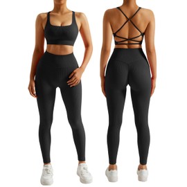 RXRXCOCO Ribbed Sports Set Women's Gym Workout Set Backless Top Seamless Leggings Outfit Fitness, black, S