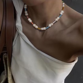 BriLove Baroque Freshwater Cultured Pearl Necklace for Women, Gorgeous Elegant Real Pearls Multicolor Beaded Choker Strand Necklaces for Wedding Summer Beach Outfit Party Accessories