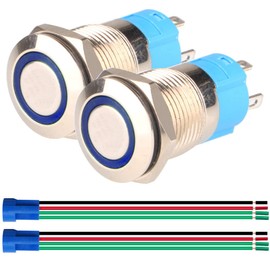 Gebildet - 2 botones momentáneos de acero inoxidable de 0.47 pulgadas/12 mm, 12 V-24 V, normalmente abierto, SPST, encendido/apagado impermeable con enchufe de alambre (LED azul)