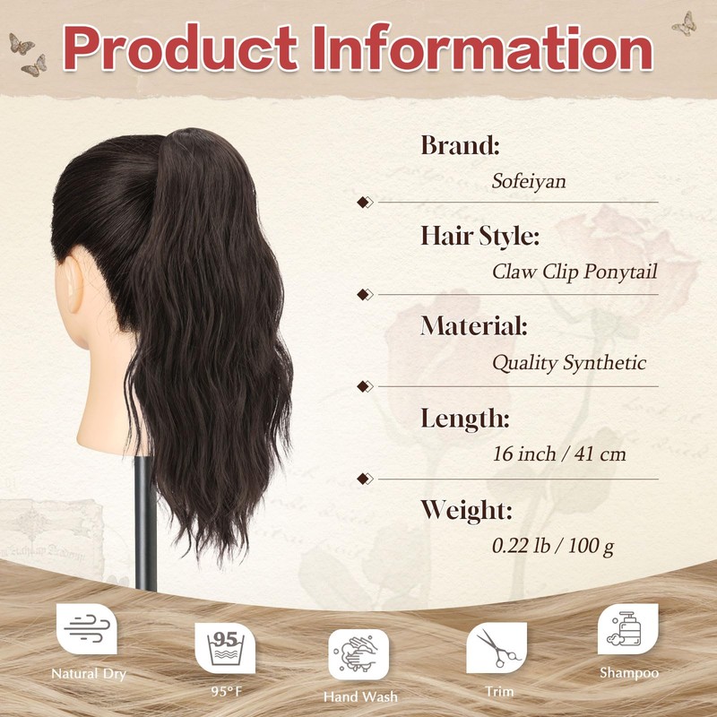 Sofeiyan Ponytail Extension, 16 Inch Curly Wavy Claw Clip in