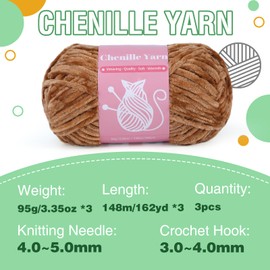 LUNARM Chenille Velvet Yarn, Yarn for Crocheting Knitting with Big Eye Needles, Handcrafts Weaving Soft Chenille Yarn for Making Blankets, Clothes, Pattern Knitting - 3 * 3.35oz,3 * 162yds (Khaki)