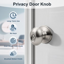 KNOBWELL Brushed Nickel Interior Door Knobs, Keyless Privacy Door Knob for Bedroom Bathroom, Stainless Steel Oval Style Indoor Door Knobset, 6 Pack