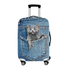 Denim 3D Cute cat Dog Styles Washable Print Luggage Cover Protector Suitcase Cover Carry On Cover with Zipper Fits 18-32 Inch Luggage for Holiday Travel and Great Gift Idea (Cat Grey, XL)
