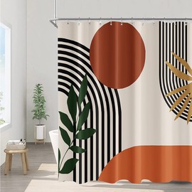 Mid Century Boho Shower Curtains Abstract Modern Minimalist Line Art Geometric Circle and Plant Leaf Aesthetic Bathroom Curtain 72x72 Inch Terracotta Girls Bathroom Decor Fabric Waterproof