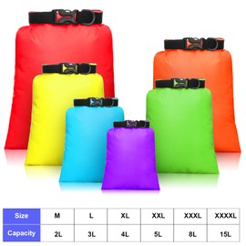 6 Pieces Waterproof Dry Bag Set Lightweight Combo Set with 15 L, 8 L, 5 L, 4 L, 3 L, 2 L Sacks and 2 Long Adjustable Shoulder Strap for Kayaking, Rafting, Boating, Hiking, Camping (Mixed Color)