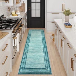 Lahome Abstract Runner Rug,Teal 2.5x8 Runners for Hallways Washable Non-Slip Kitchen Rug Runner,Low-Pile Soft Entryway Runner Rug Minimalist Solid Indoor Carpet Runner for Bedroom Laundry Bathroom
