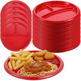 Tolare 100 Pcs 10 Inch 3 Compartment Plates Plastic, Divided Plate, Section Plates Heavy Duty Disposable Dinnerware for Party Wedding Birthday(Red)