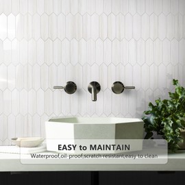 Vamos Tile Glossy Dolomite White Backsplash Tile Peel and Stick, 12.8 x 12.8 Inch 10 Sheets Long Hexagon PVC Self Adhesive Mosaic Wall Tiles Stick on Backsplash for Kitchen and Bathroom