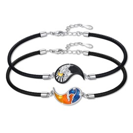 JFASHOP Yin Yang Bracelet 925 Sterling Silver Taichi Pair BFF Chain Mountain Sun Pendant Bracelet 2 Pieces Yin Yang Chain Jewellery Gifts for Women Men Couple, Silver, Cubic Zirconia