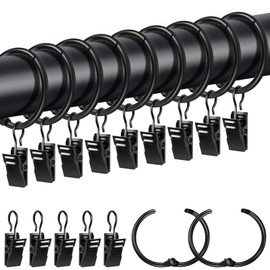 Caianwin Pack of 20 Curtain Rings with Clips, Metal Curtain Rings for Opening, 32 mm Inner Diameter, Curtain Rings Hooks for Rod, Shower Curtain (Black)