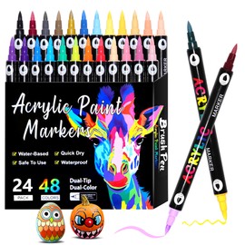 Hopesky Acrylic Paint Markers, 24 Dual Tip Dual Color Paint Pens with 48 Colors, Quick Dry Acrylic Markers for Rock Painting, Wood, Canvas, Glass & DIY Crafts