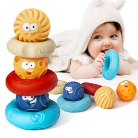 ONLYFUN Baby Toy 6 Months 6 Pieces Stacking Toy with Rings Squeeze Teething Baby Toy Montessori Gift Teething Toy Boys and Girls Early Education 0-12 Months