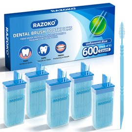 RAZOKO Interdental Plastic Toothpicks,Total 600 CT/5 Packs,Unflavored,Blue