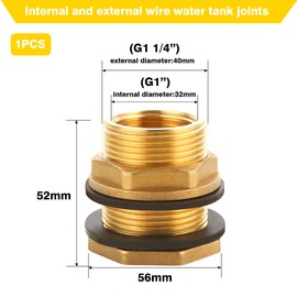 Brass Water Butt Feed-Through Ig G1 (Diameter 30.5 mm) x AG G1 1/4 Inch Diameter 41.3 mm Including Seal, Container Screw Connection for Containers Tanks Barrels with 2 Rubber Seals for Tap