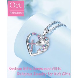 BAOWING Cross Necklace for Kids Girls Cross Birthstone Heart Unicorn Pendant Jewelry Easter Gifts First Communion Baptism Gifts for Godchild Teens Little Girls Daughtet Granddaughter October