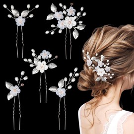 MELLIEX 5 Stück Hochzeit Haarnadeln, Blumen Perlen Braut Haarschmuck Silber Brautschmuck Haare U-förmig Hochzeit Haarspangen