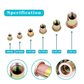 3/8''-16UNC 50pcs Rivet Nut Kit,Carbon Steel Flat Head Rivnut Threaded Insert Nut Set,Knurled Body,Yellow Zinc Plated Finish