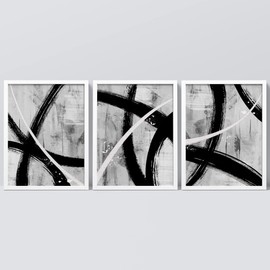 SIGNWIN Framed Set Black Gray White Geometric Paint Strokes Wall Art, Set of 3 Abstract Shapes Illustrations Wall Decor Prints, Contemporary Wall Décor for Living Room, Bedroom - 8"x10" White