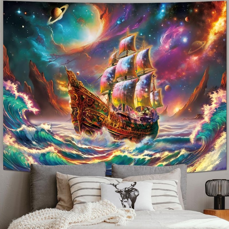Amhokhui UV Reactive Trippy Tapestry Blacklight Neon Ocean Wave Tapestries