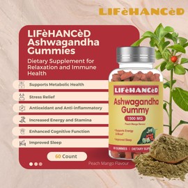 LIFèHANCèD Ashwagandha Gummies,60 Count,1500mg,3% Withanolides,Peach Mango Flavour, Supplement for Relaxation,Immune Health&Increased Energy