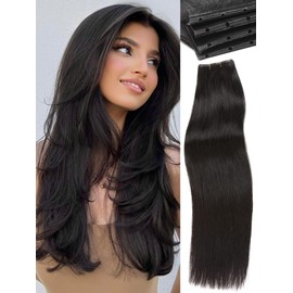 WIGNEE Double Invisible PU OVO Human Hair Extensions 100% Remy Hair Weft Black Hair Extensions Human Hair 2 PCS 18 Inch Glueless Genius Micro Bead Real Human Hair Extensions for Strong Volume(1B)