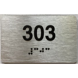 Apartment number sign - Unit number sign / Suite number sign comes with Raised letters & Grade 2 Braille - Includes Red Adhesive pad for Easy Installation (2.5" W x 4" H,Brushed Aluminum/silver, Tacticle Sign) - The park Ave Line (Apt 303)