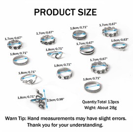 Ryaupy 13 Snake Chain Stacking Rings in Vintage Boho Style, Set Knuckle Rings for Women and Girls - Sizes Mixed and Adjustable, Punk Ring Set in Silver, Stainless Steel